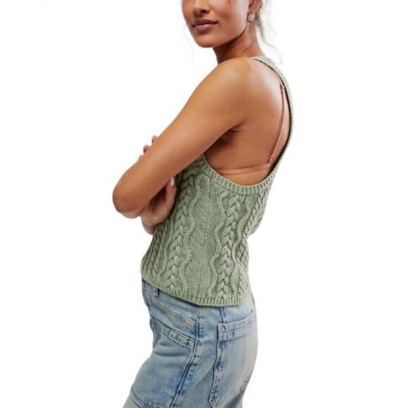 LAST ONE! Free People High Tide Cable Knit Tank Top in Green Tea Size XL NWT - Picture 2 of 5
